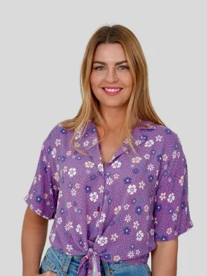 Women's Tie-Hem Notched-Lapel Floral Printed/Plaid Shirt,Purple