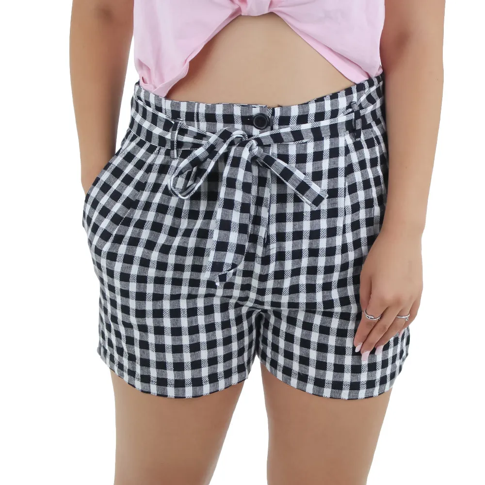 Women's Tie Waist Checked Short,Black/White