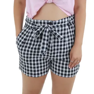 Women's Tie Waist Checked Short,Black/White