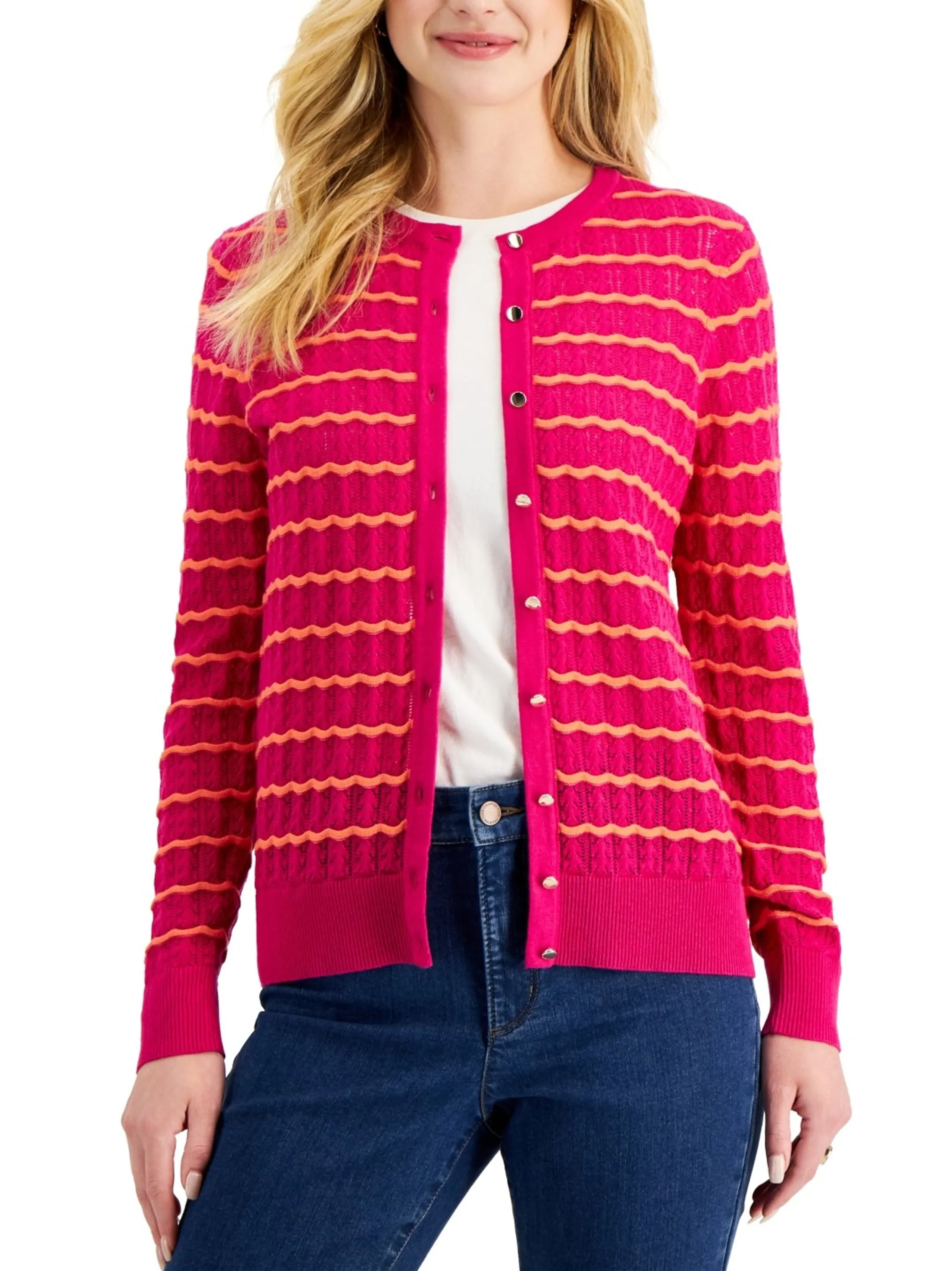 Women's Wavy Striped Cardigan,Pink