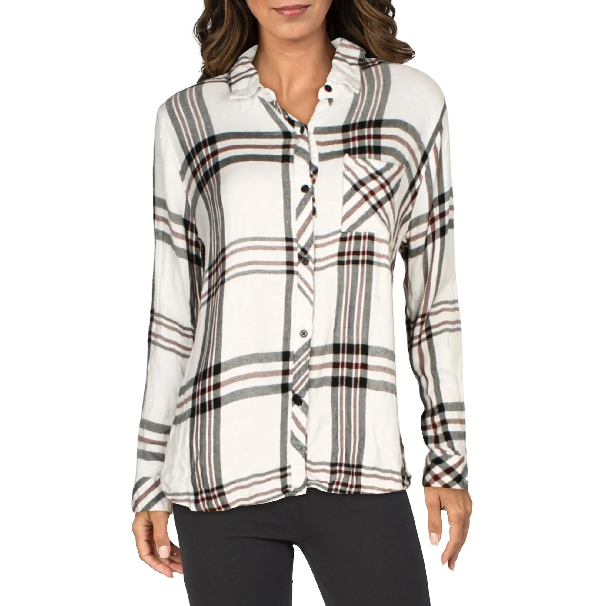 Womens Woven Plaid Button-Down Top