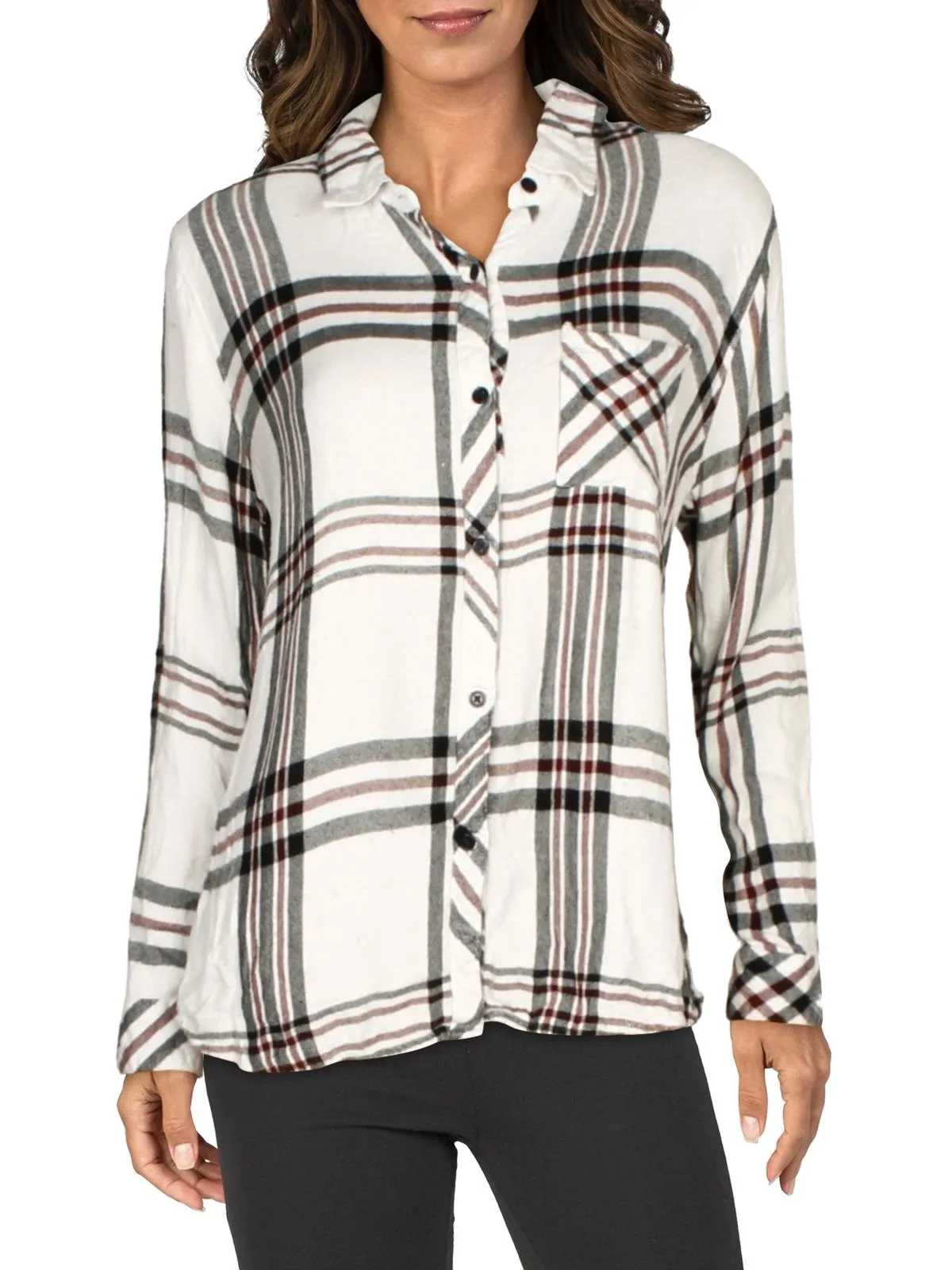 Womens Woven Plaid Button-Down Top
